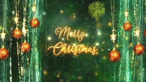 Merry Christmas Greeting with Golden Ornaments and Sparkling Green Background