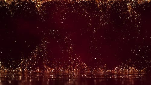 Golden Sparkle Particles on Reflective Dark Red Background Loop