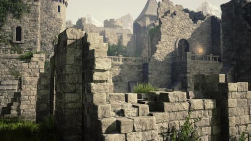 Ancient Castle at Sunrise with Mountains in Background