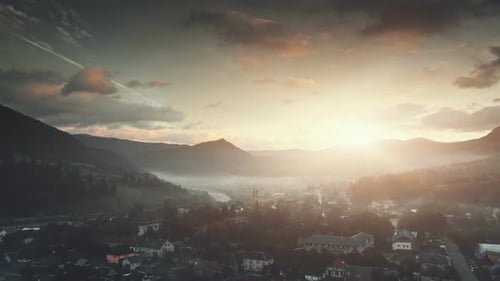 Mountain Settlement Foggy Weather Aerial View