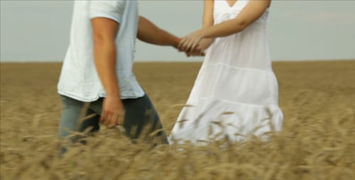 Young Couple Holding Hands Walking Through Wheat Field