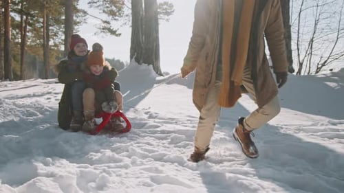 Man Pulling Woman and Girl on Sled