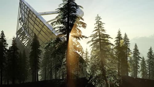 The Observatory Radio Telescope in Forest at Sunset