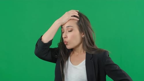 Horrible, Stress, Shock. Female Portrait Isolated on Green Screen Background. Young Emotional