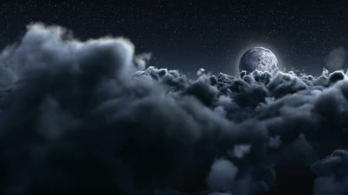 Flying Through Cinematic Night Clouds with Moon and Stars
