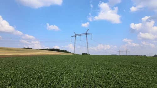 Tower with Electric Power Lines for Transfering High Voltage Electricity Located in Agricultural