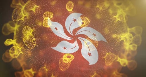 Bandera de Hong Kong con microbio de coronavirus