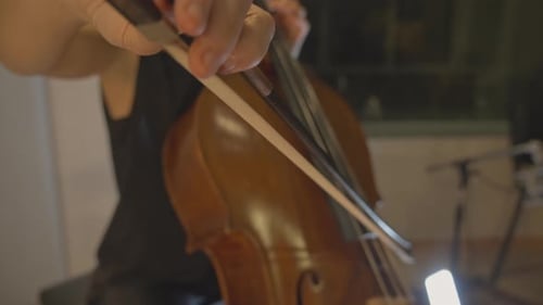 Woman Plays Cello with a Bow Close Up