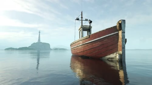 Fishing boat in the calm waters of the sea during misty, foggy, climatic weather