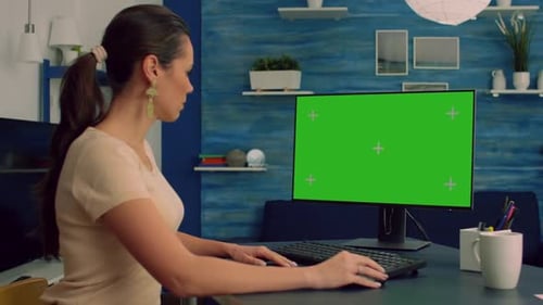 Business Woman Working at Business Advertising in Office Interior on Isolated Pc