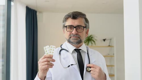 Doctor Presenting Pills in Medical Setting