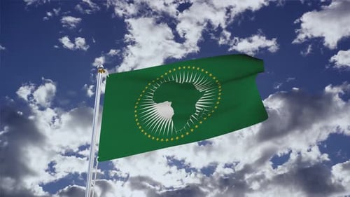 African Union Flag Waving in Blue Sky with Clouds