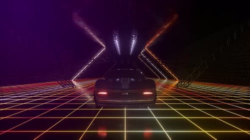 Futuristic Sports Car Driving Through Neon Grid Tunnel