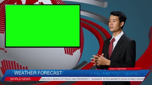 Live News Studio With Male Anchor Reporting On The Weather Forecast, TV Show Green Chroma Key Screen