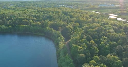 Aerial View of Blue Beautiful Lake in Green Forests on a Sunny Day