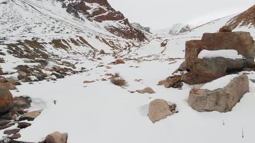 Snowy Mountain Valley Aerial View