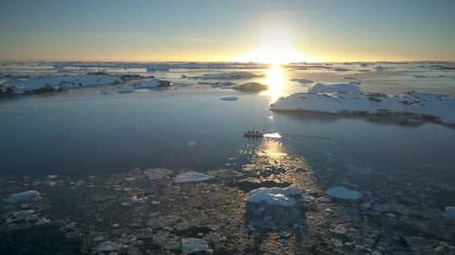 Tourist Zodiac Boat in Ocean. Antarctic Drone Shot