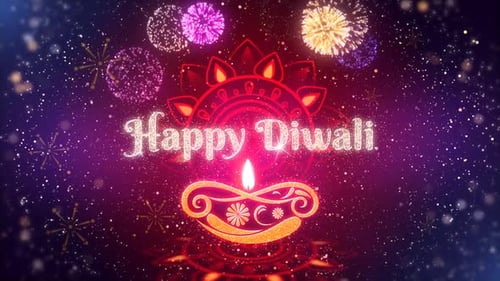 Animated Happy Diwali Greeting with Glowing Diya Lamp and Fireworks