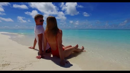 Man and lady tanning on tropical island beach adventure by turquoise sea and clean sandy background