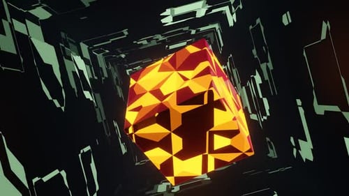 VJ Loops Flug eines orangefarbenen glänzenden Würfels in einem Tunnel 02