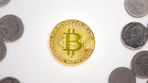 Stop motion animation Dollar cash money bills moving in and out with Bitcoin Crypto placed.