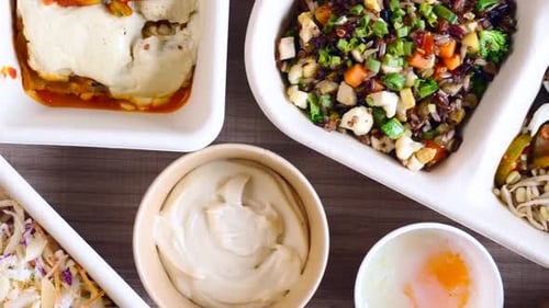 Healthy Takeout Meal Variety on Table Overhead