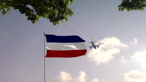 Animated Waving Flag and Airplane Over Modern City Skyline