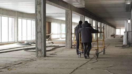 Unbekannte Zwei Arbeiter installieren Gerüste auf einer Baustelle