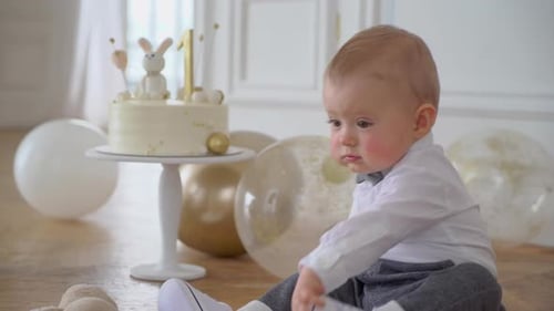 Baby Boy Sits with Cake and Balloons