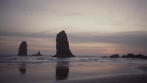 Sea stack in Ocean at Cannon Beach, Twilight, Oregon, USA