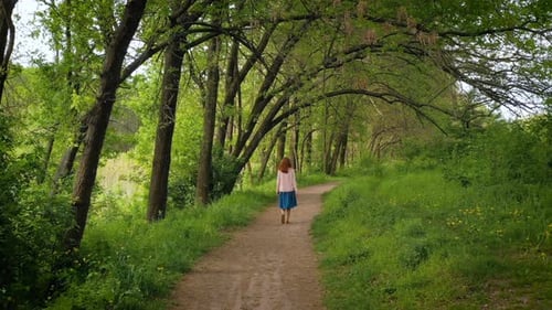 Mädchen, das auf dem Weg im Wald spaziert