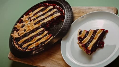 Homemade American Flag Cherry Pie with Slice
