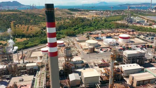 Aerial View. Oil Refinery. Industrial Zone. The Equipment of Oil Refining. Close-up of Industrial