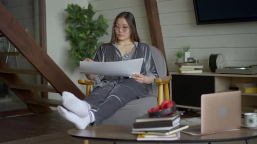 Creative Young Beautiful Asian Woman Drawing Design Looking at Laptop Screen Sitting in Home Office