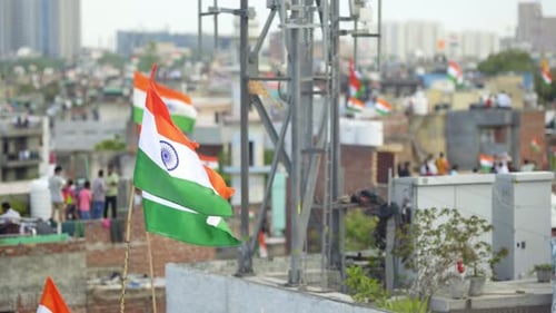 Indian Flags Waving on City Rooftops