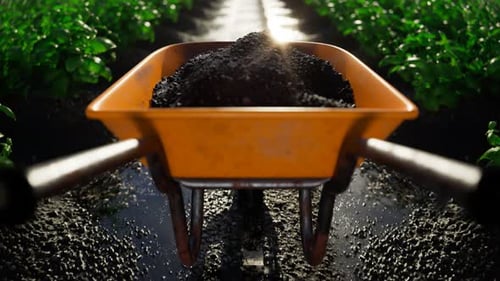 Yellow wheelbarrow pushed through the garden on wet soil. Looping animation 4KHD