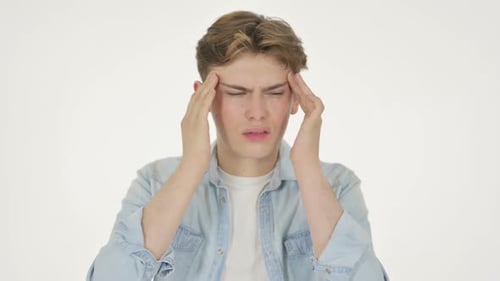 Young Man Having Headache on White Background