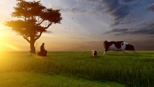 Man Sitting Under Tree with Cows at Sunset