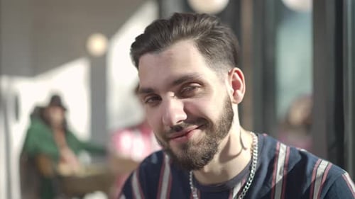 Man Enjoying Coffee in Cafe, Close Up