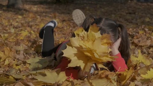 Smiling Girl Lying in Autumn Leaves