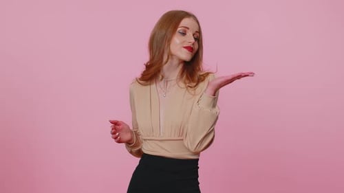 Smiling Romantic Businesswoman Girl Sending Lots of Air Love Kisses Looking at Camera and Smiling