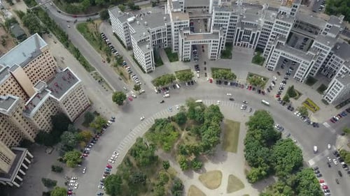 Aerial Beautiful Shot of the Famous Karazin University and Historic Derzhprom Building in the Center