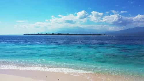 Aerial above scenery of paradise seashore beach vacation by turquoise sea and white sand background