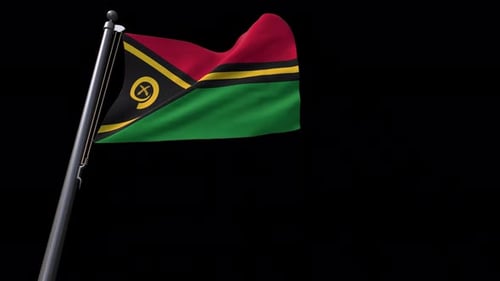 Vanuatu Flag Waving on a Pole Against Black Background