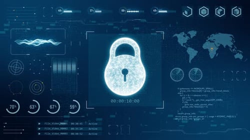 Blaues digitales 3D-Schlüssellogo mit Head-up-Display-Hintergrund und futuristischem Sicherheitskonzept