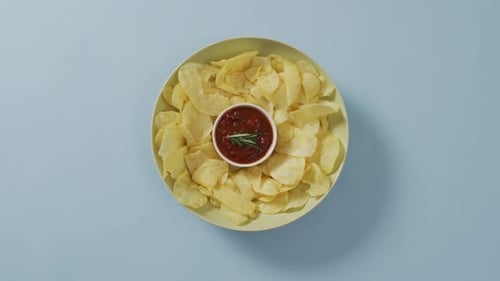 Primer plano de las patatas fritas en un bol con salsa sobre una superficie azul