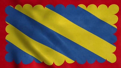 Waving Flag with Blue Yellow Diagonal Stripes and Scalloped Red Border