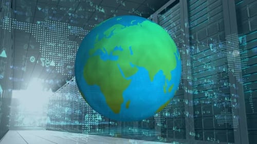 Globo, números de estoque e torres de servidores