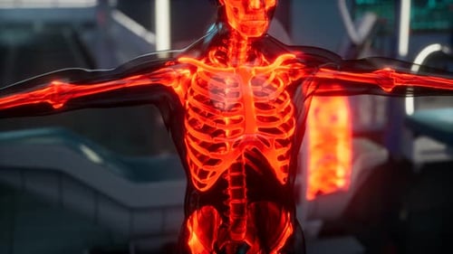 Glowing Red Human Skeletal System in Futuristic Medical Environment