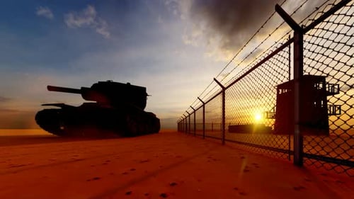 Soldaten bewachen den Wachturm im militärischen Wachturm und Panzer bei Sonnenuntergang